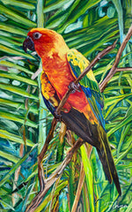 Charger l'image dans la galerie, Tableau sur toile de perruche soleil aratinga solstitialis sur fond de jungle, déco murale exotique et tropicale aux couleurs de l’arc-en-ciel