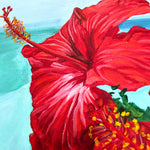 Charger l'image dans la galerie, Tableau de fleurs tropicales hibiscus rouges ode à la beauté de la nature exotique et sauvage des îles de l’océan indien pour une déco mer, bohème, jungalow et moderne