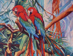 Charger l'image dans la galerie, Peinture tropicale perroquets dans un tableau jungle et nature d’un paysage d’animaux sauvages représentant un couple de Ara macao rouge dans la jungle avec la végétation des palmiers aux feuilles multicolores pour une décoration exotique