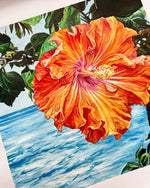 Charger l'image dans la galerie, Tableau de fleurs hibiscus orange et rouge représentation de la beauté de la nature exotique et sauvage des îles de l’océan indien pour une décoration tropicale mer, bohème, jungalow et moderne
