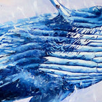 Charger l'image dans la galerie, Tableau mer et nature d’un paysage marin rose pastel et bleu clair pour déco moderne et bord de mer représentant une belle baleine bleue sautant dans l’eau