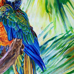 Charger l'image dans la galerie, Tableau tropical et nature d’un paysage de perroquet Ara Macaw jaune et bleu sur fond de palmiers et cocotiers aux feuilles multicolores pour une déco murale vacances, bord de mer et moderne