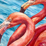 Charger l'image dans la galerie, Peinture flamants roses tableau d’oiseaux exotiques, deux flamants roses sur la plage, pour une déco murale à l’ambiance paradisiaque et jungalow.
