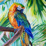 Charger l'image dans la galerie, Tableau tropical et nature d’un paysage de perroquet Ara Macaw jaune et bleu sur fond de palmiers et cocotiers aux feuilles multicolores pour une déco murale vacances, bord de mer et moderne