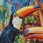 Charger l'image dans la galerie, Tableau tropical et nature d’un trio de trois de toucan tropical chantant dans la jungle exotique entre les feuilles de palmiers multicolores et lumineuses : une peinture d’animaux sauvages, décoration de faune et flore moderne pour art mural contemporain, végétal et design