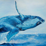 Charger l&#39;image dans la galerie, Peinture baleine bleue d’un tableau mer et nature avec paysage marin rose pastel et bleu clair pour déco moderne et bord de mer représentant sautant dans l&#39;océan
