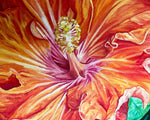 Charger l'image dans la galerie, Tableau de fleurs hibiscus orange et rouge représentation de la beauté de la nature exotique et sauvage des îles de l’océan indien pour une décoration tropicale mer, bohème, jungalow et moderne