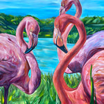 Charger l'image dans la galerie, Peinture tropicale de trois flamants roses des îles Galápagos sur lac de mer bleu azur, une oeuvre d'art pour une déco murale exotique.