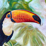 Charger l'image dans la galerie, Peinture jungle sur une toile avec un toucan toco sur une branche devant les feuilles de palmiers pour un tableau animalier et exotique.
