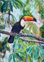 Charger l&#39;image dans la galerie, Peinture jungle sur une toile avec un toucan toco sur une branche devant les feuilles de palmiers pour un tableau animalier et exotique.
