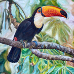 Charger l&#39;image dans la galerie, Peinture jungle sur une toile avec un toucan toco sur une branche devant les feuilles de palmiers pour un tableau animalier et exotique.
