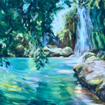 Charger l'image dans la galerie, Peinture cascade de tableau de paysage nature, une crique ensoleillée un cours d'eau qui s’écoule le long d’un mur moussu, pour une deco murale naturelle et zen