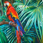 Charger l&#39;image dans la galerie, Tableau sur toile de perroquet ara macaw rouge, oiseau tropical ara macao rouge, déco jungle murale aux couleurs vibrantes
