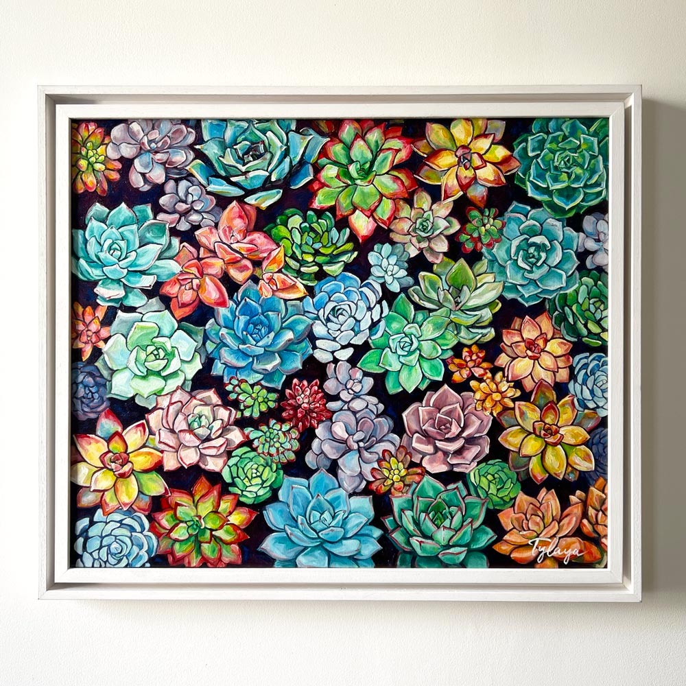 Tableau tropical art botanique et nature d’un jardin de cactus et de plantes succulentes cactées, une peinture multicolore pour une décoration tendance végétale et moderne et pour art mural contemporain et design