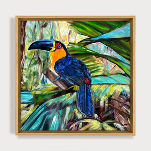 Tableau représentant des toucans colorés perchés sur une branche dans une jungle luxuriante