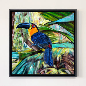 Tableau représentant des toucans colorés perchés sur une branche dans une jungle luxuriante