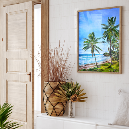Tableau tropical, océan et plage recouverte de palmiers, pour une déco murale exotique et dépaysante.