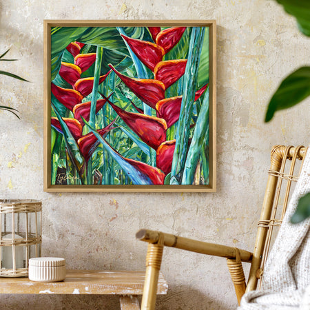 Art mural fleurs rouges tropicales inspiré de la nature luxuriante et colorée.