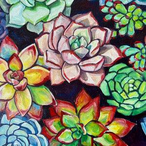 Tableau tropical art botanique et nature d’un jardin de cactus et de plantes succulentes cactées, une peinture multicolore pour une décoration tendance végétale et moderne et pour art mural contemporain et design