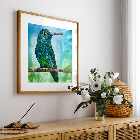 Peinture nature Colibri vert et bleu Tableau oiseau tropical