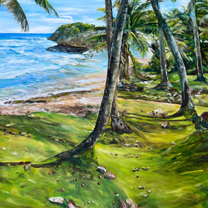 Tableau tropical, océan et plage recouverte de palmiers, pour une déco murale exotique et dépaysante.