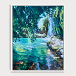 Charger l&#39;image dans la galerie, Peinture cascade de tableau de paysage nature, une crique ensoleillée un cours d&#39;eau qui s’écoule le long d’un mur moussu, pour une deco murale naturelle et zen
