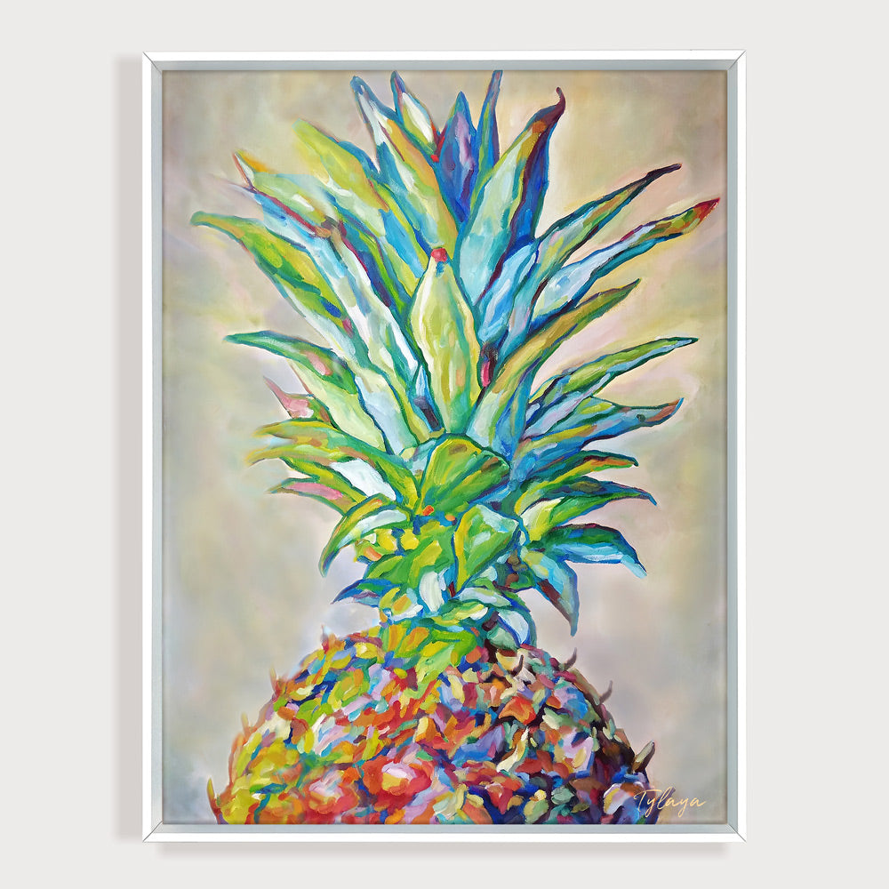 Tableau cuisine peinture tropicale art fruit de l’ananas en peinture multicolore aux couleurs vives et touches abstraites et moderne pour déco murale nature contemporaine.
