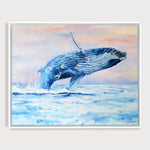 Charger l&#39;image dans la galerie, peinture baleine bleue et nature d’un tableau mer marin rose pastel et bleu clair pour déco moderne et bord de mer représentant un cachalot sautant dans l’eau
