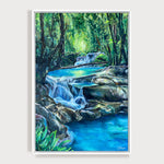Charger l&#39;image dans la galerie, Peinture eau et cascade dans la nature d&#39;un tableau coloré à l&#39;huile sur toile pour une deco zen et une ambiance de forêt enchantée et magique.
