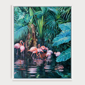 Les jardins du parc phoenix à nice dans une Peinture de flamants roses exotique pour une décoration art tropical et jungle multicolore.