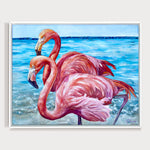 Charger l&#39;image dans la galerie, Peinture flamants roses tableau d’oiseaux exotiques, deux flamants roses sur la plage, pour une déco murale à l’ambiance paradisiaque et jungalow.
