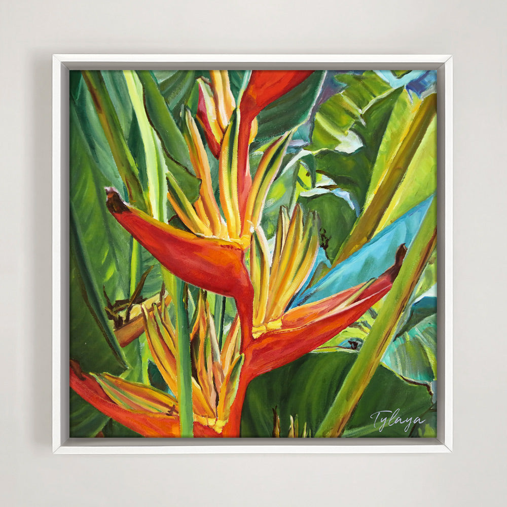 Peinture à l'huile botanique fleur heliconia tropical coloré dans la jungle encadrée d'une caisse américaine blanche.