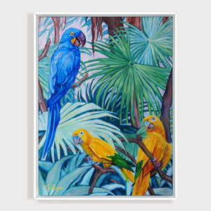 Peinture perroquets et feuilles de palmiers