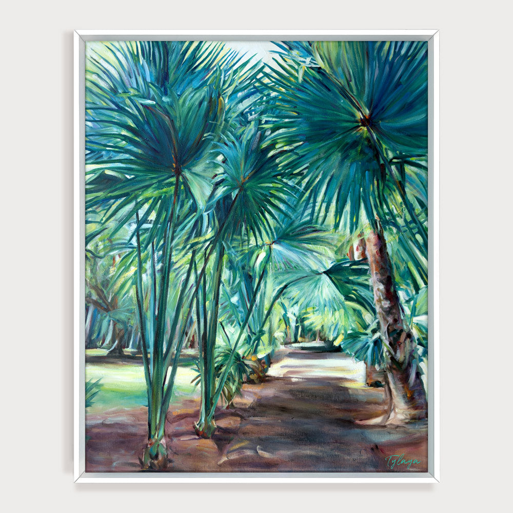 Les jardins de pamplemousse en peinture jungle à l'île maurice et tropicale de tableau de palmiers pour une décoration exotique et boheme.