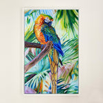 Charger l&#39;image dans la galerie, Tableau tropical et nature d’un paysage de perroquet Ara Macaw jaune et bleu sur fond de palmiers et cocotiers aux feuilles multicolores pour une déco murale vacances, bord de mer et moderne

