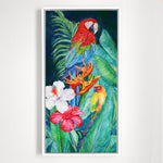 Charger l&#39;image dans la galerie, Peinture jungle tropicale toucans, fleurs exotiques hibiscus et perroquets, tableau nature.
