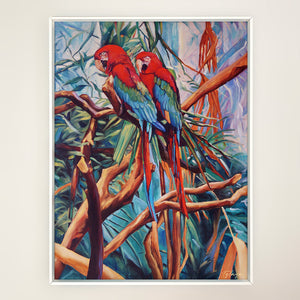 Peinture tropicale perroquets dans un tableau jungle et nature d’un paysage d’animaux sauvages représentant un couple de Ara macao rouge dans la jungle avec la végétation des palmiers aux feuilles multicolores pour une décoration exotique