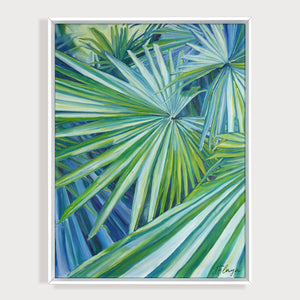 Decoration bohème et naturelle plage avec une peinture à l'huile de palmier et nature de feuilles tropicales, un tableau poster exotique colorée.