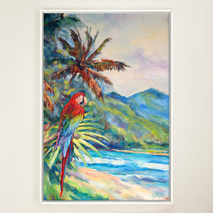 peinture tropical et nature d’un paysage de plage et de montagne avec le perroquet Ara Macao rouge avec palmiers cocotier aux feuilles multicolores devant la montagne et sur un ciel bleu de vacances pour une déco murale bord de mer et moderne