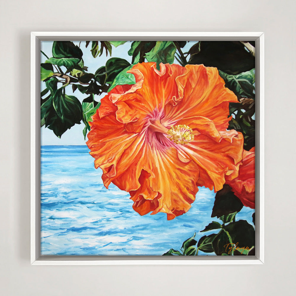 Peinture à l'huile tropicale hibiscus fleur orange.