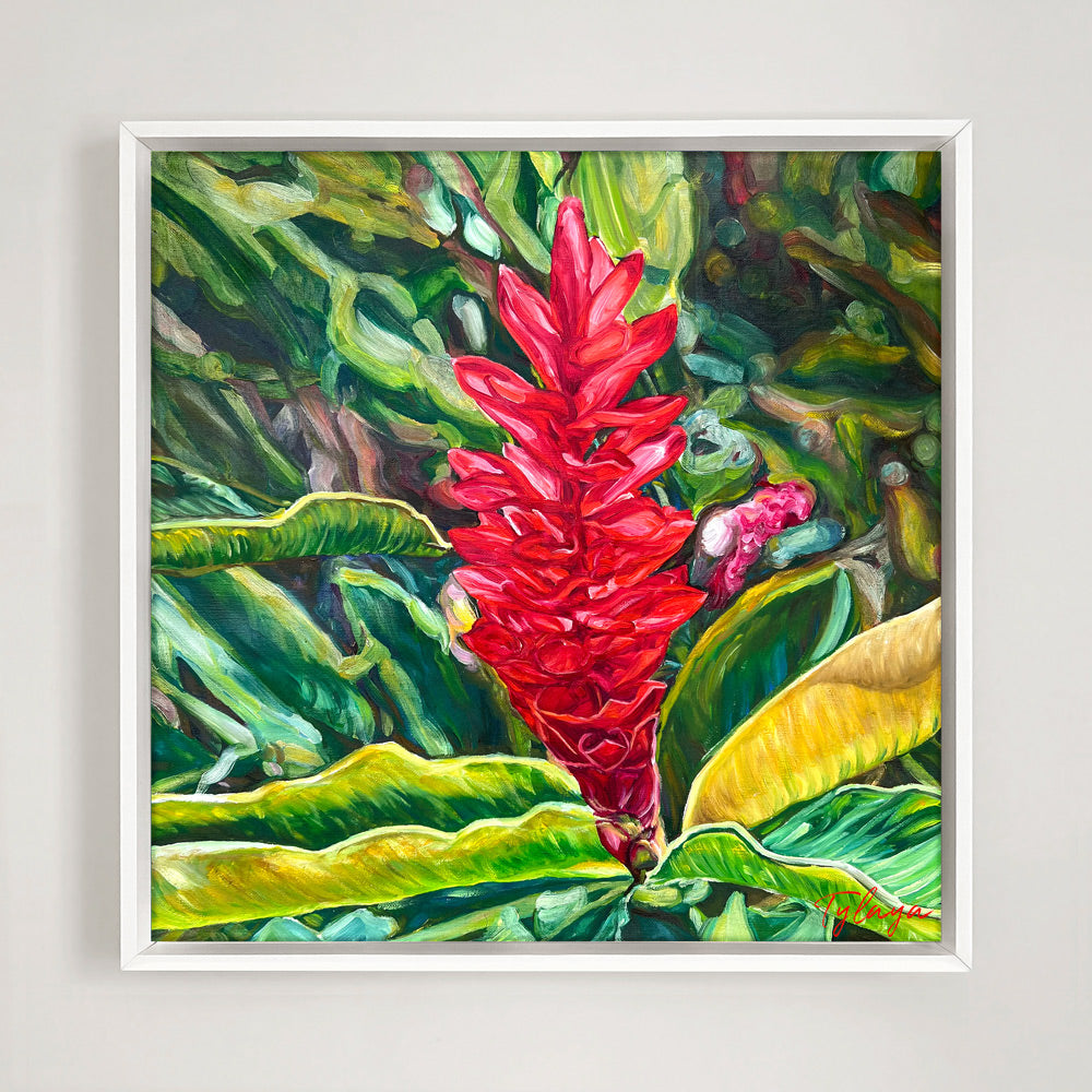 Tableau tropical, fleur de gingembre rouge unique, pour une déco murale exotique et une ambiance tropicale et moderne.