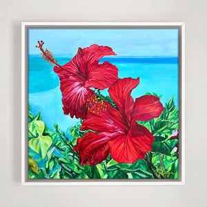 Peinture à l'huile fleurs tropicales hibiscus rouges encadrée d'une caisse americaine blanche.