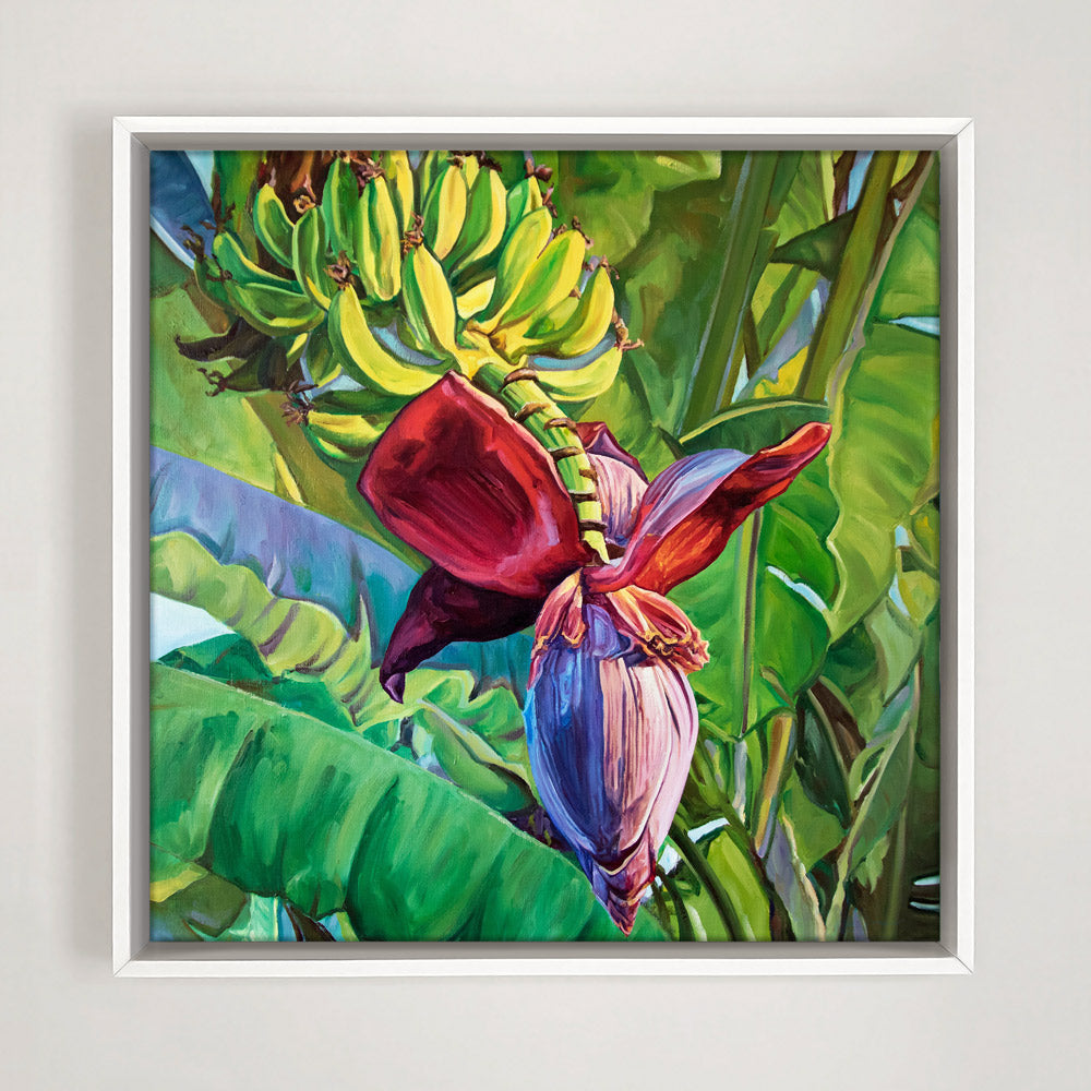 Peinture à l’huile bananier botanique sur tableau nature d’une fleur tropicale, une toile de plante herbacée colorée bohème pour déco murale exotique.