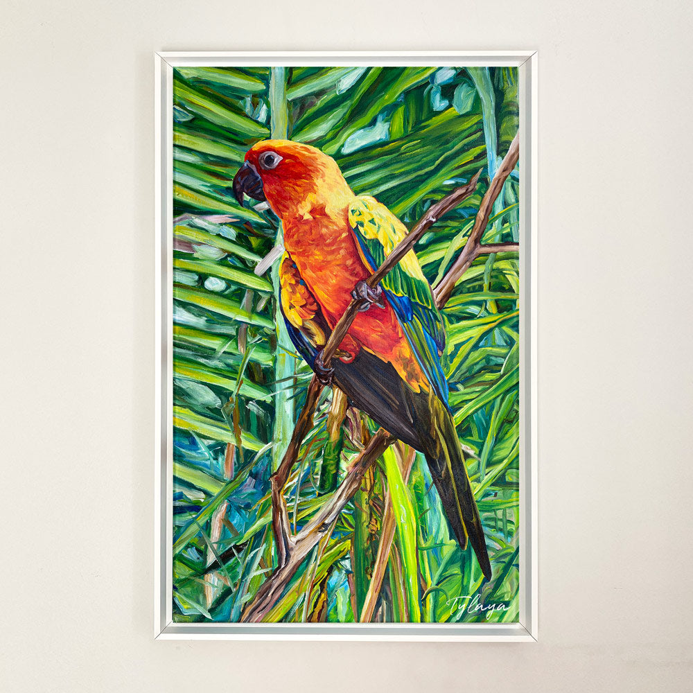 Tableau sur toile de perruche soleil aratinga solstitialis sur fond de jungle, déco murale exotique et tropicale aux couleurs de l’arc-en-ciel