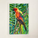 Charger l&#39;image dans la galerie, Tableau sur toile de perruche soleil aratinga solstitialis sur fond de jungle, déco murale exotique et tropicale aux couleurs de l’arc-en-ciel
