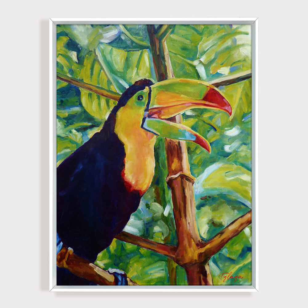 Peinture tropicale et nature de toucan dans un poster jungle exotique entouré de feuilles de palmier et d’arbres, un animal colorée pour une deco végétale et moderne.