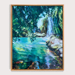 Charger l&#39;image dans la galerie, Peinture cascade de tableau de paysage nature, une crique ensoleillée un cours d&#39;eau qui s’écoule le long d’un mur moussu, pour une deco murale naturelle et zen

