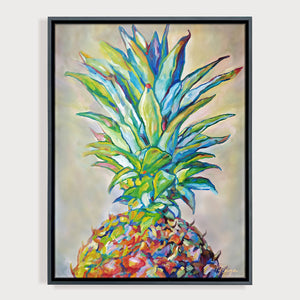 Tableau cuisine peinture tropicale art fruit de l’ananas en peinture multicolore aux couleurs vives et touches abstraites et moderne pour déco murale nature contemporaine.