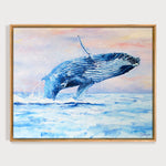 Charger l&#39;image dans la galerie, peinture baleine bleue et nature d’un tableau mer marin rose pastel et bleu clair pour déco moderne et bord de mer représentant un cachalot sautant dans l’eau
