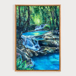 Charger l&#39;image dans la galerie, Deco zen avec peinture eau et cascade dans la nature d&#39;un tableau coloré à l&#39;huile sur toile pour une ambiance naturelle de forêt enchantée et magique.
